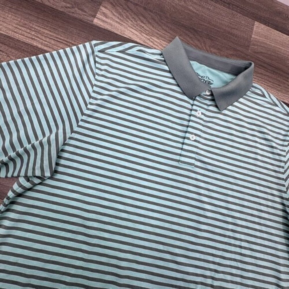 Straight Down Golf Polo Mens XL Blue Gray Striped Oakwoods Country Golf Club EUC